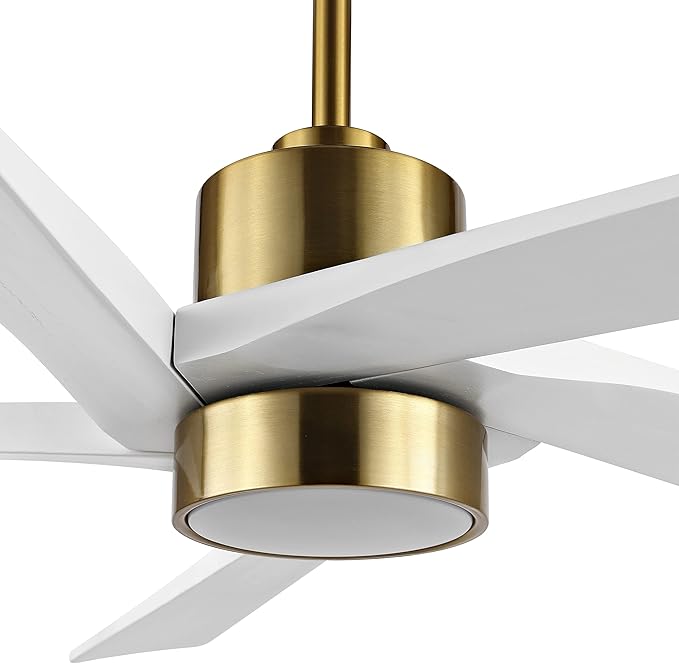 WINGBO 64 Inch DC Ceiling Fan with Lights and Remote Control, 5 Reversible Carved Wood Blades, 6-Speed Noiseless DC Motor, Modern Ceiling Fan in Brass Finish with White Blades, ETL Listed