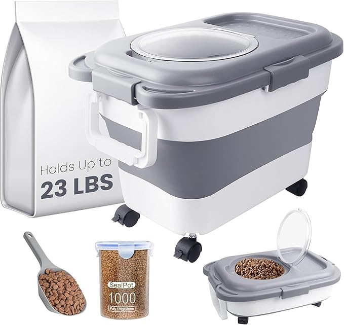 20-23LBS Collapsible Dog Food Storage Container, Pet Dog Pantry Large Containers Bin with Wheels,Scoop and 1pcs Food Storage Containers, Kitchen Cereal Flour Rice Leakproof Dry Holder