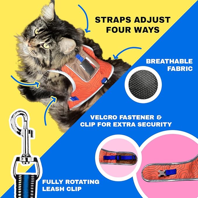 TRAVEL CAT The Pathfinder Cat Harness with GPS Tracker Pocket - Powered by Tractive Cat Harness Escape Proof - Walking Escape Proof Harness for Small, Large Cat, Kitten (Orange, Small)