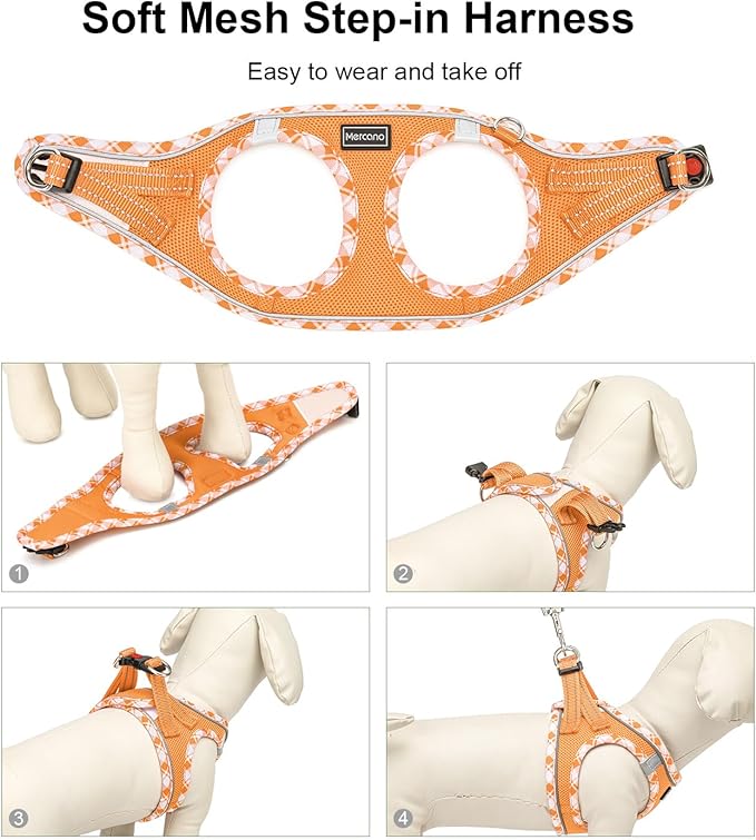 Mercano Soft Mesh Dog Harness and Leash Set, No-Chock Step-in Reflective Breathable Lightweight Easy Walk Vest Harnesses with Safety Buckle for Small Dogs, Cats (Orange, XXS)