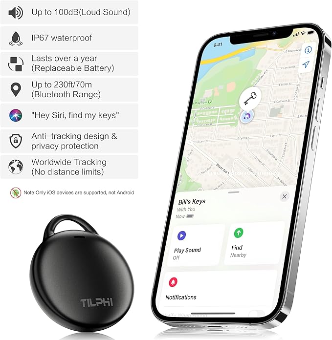 Air Tracker Tags-1 Pack: Bluetooth Tracker Works with Apple Find My (iOS Only), Key Finder and Smart Tag Locator for Luggage, Backpack, Suitcases, Pets, Replaceable Battery(Black)