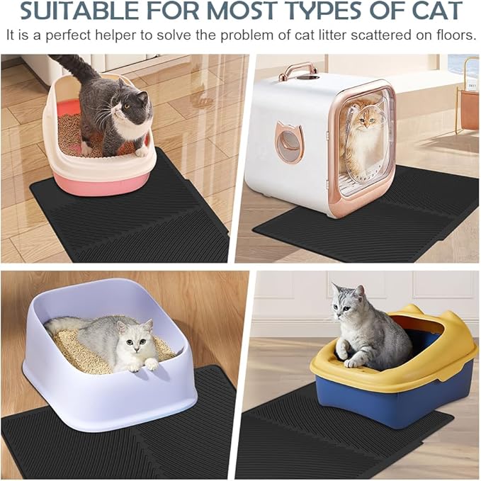 Cat Litter Mat, Silicone Kitty Litter Mat Waterproof Litter Catcher Mat, Litter Box Mat, Cat Litter Trapper for Floor, Anti-Slip and Easy to Clean (Black)