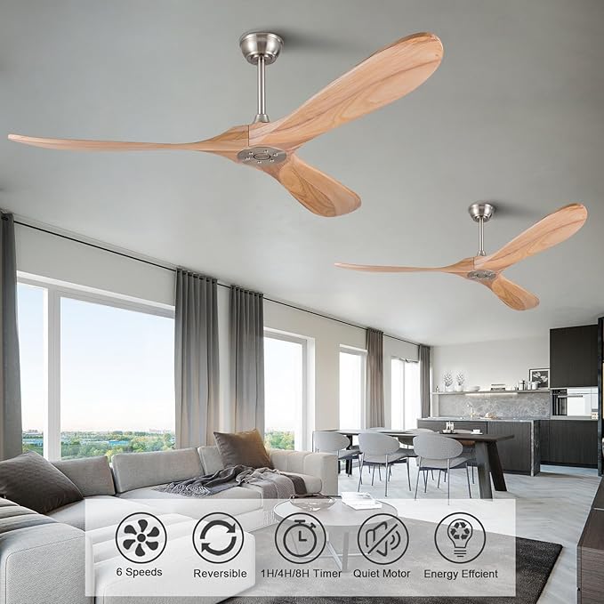 60 Inch Ceiling Fan no Light, Quiet Reversible DC Motor Wood Ceiling Fan Without Light, Modern Ceiling Fan with Remote Control for Outdoor Indoor Farmhouse Patios(Brushed Nickel+Natural Wood)