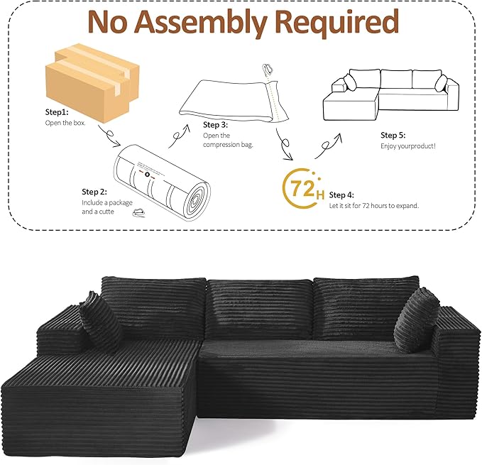 110" Boneless Sectional Couch with Chaise Lounge, Cloud Couch Compressed Sofa L Shape, No Assembly Memory Foam Sofa for Living Room, Black Corduroy