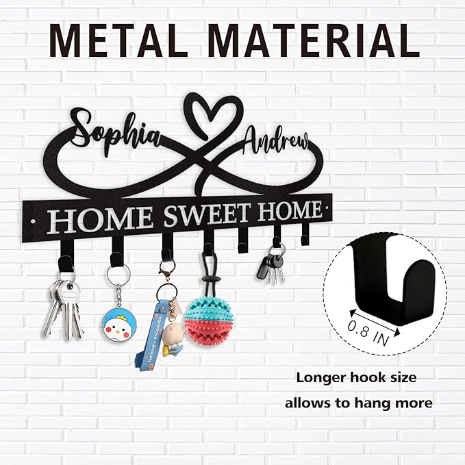 Personalized Custom Couple's Name Metal Key Holder - Love Shape Key Hooks for Wall, Housewarming Wedding Gifts, Bedroom Entryway