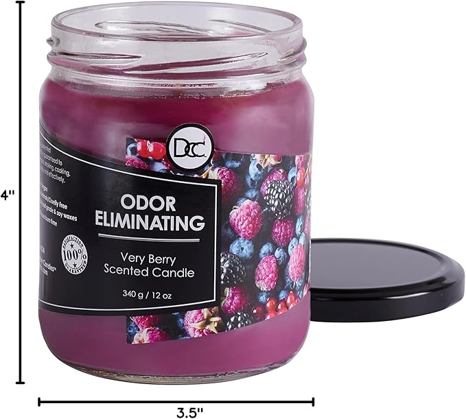 Very Berry Odor Eliminating Highly Fragranced Candle - Eliminates 95% of Pet, Smoke, Food, and Other Smells Quickly - Up to 80 Hour Burn time - 12 Ounce Premium Soy Blend
