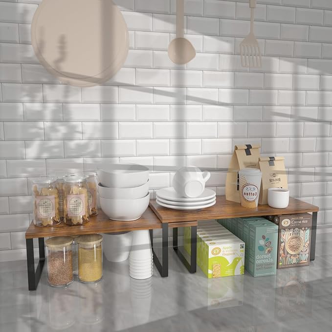 NEX Kitchen Cabinet and Counter Shelf Organizer, Stackable & Expandable, Set of 4, Black and Rustic Brown - 7.7 x 15.6 x 6.2''