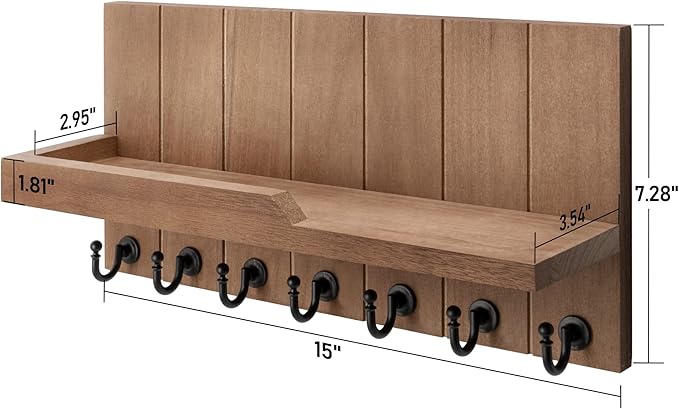 Rebee Vision Key Holder for Wall - Farmhouse Rustic Mail Organizer Floating Shelf for Home Kitchen Entryway Decor with 7 Sturdy Key Hooks (Retro Brown)