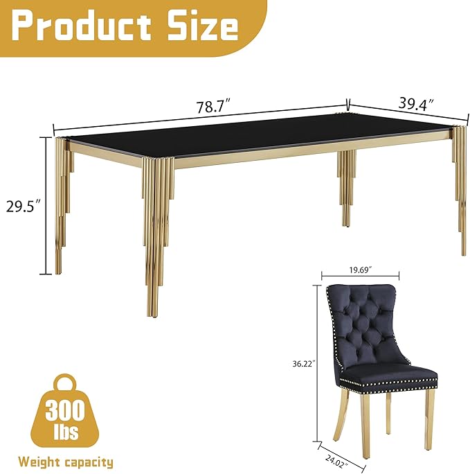 7 Piece Glass Dining Table Set, 78" Large Rectangle Tempered Glass Kitchen Table with 6 Black Velvet Upholstered Chairs, Dining Chairs Set of 6 for Kitchen, Living Room (Black, Gold)