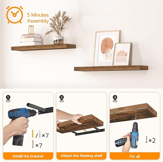 HOOBRO Floating Shelves for Wall, Wall Mounted Shelf Set of 2, 31.5" Hanging Shelf with Invisible Brackets, for Wall in Bathroom, Bedroom, Toilet, Kitchen, Living Room, Office, Rustic Brown BF80BJP201