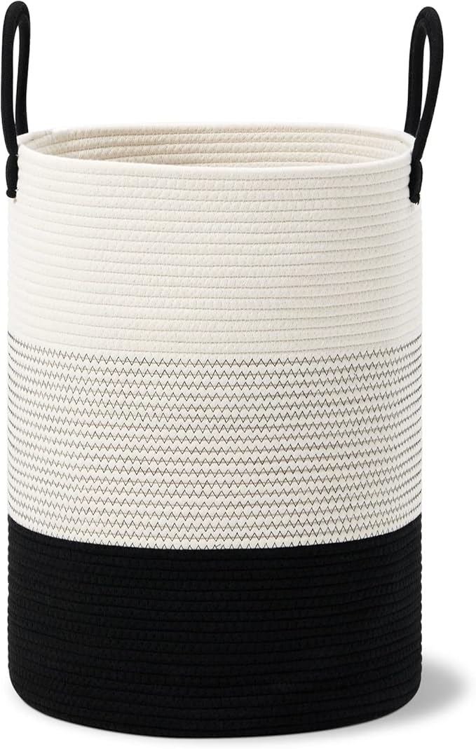VIPOSCO Large Laundry Hamper, Tall Woven Rope Storage Basket for Blanket, Toys, Dirty Clothes in Living Room, Bathroom, Bedroom - 58L White & Black