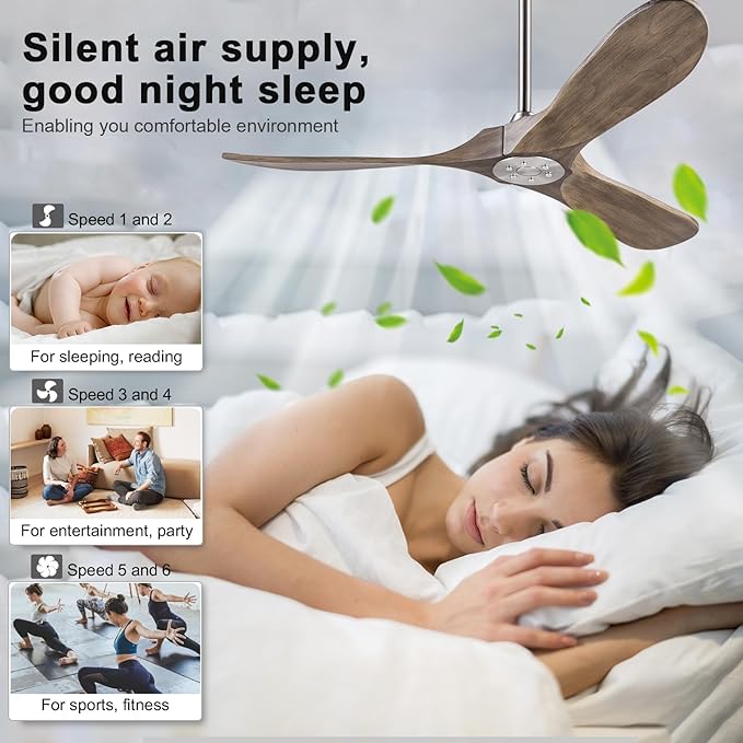 52 inch Ceiling Fan without Light, Quiet Reversible DC Motor Wood Ceiling Fan no Light, 3 Blades Modern Ceiling Fan with Remote Control for Outdoor Indoor Farmhouse Patios