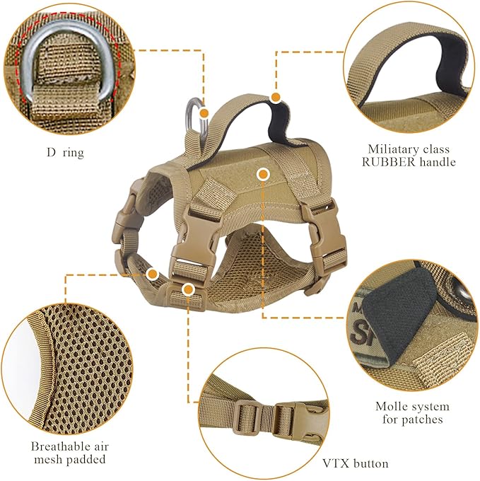 Tactical Cat Harness for Walking Escape Proof, Soft Mesh Adjustable Pet Vest Harness for Large Cat, Small Dog and Khaki…