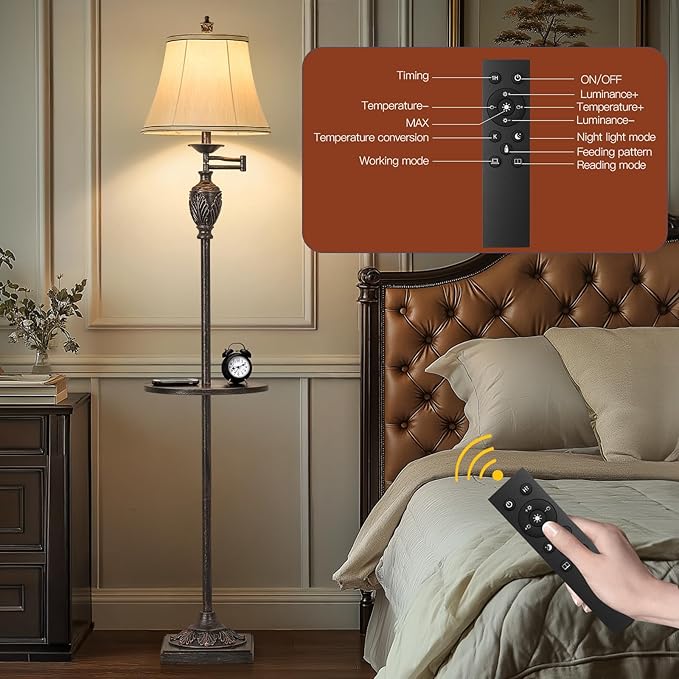 Traditional LED Floor Lamp with 350° Adjustable Swing Arm Lamp – Vintage Standing Pole lamp for Living Room, Bedroom and Office – Rustic Upright Floor Light for Home Décor with Silk Fabric Shade