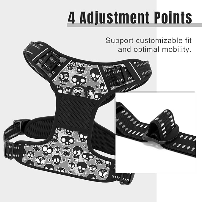 Rnivvi No Pull Dog Harness, Cute Reflective X-Large Sized Puppy Harness, Adjustable Soft Padded Vest for Large Dogs, Heavy Duty Pet Vest with Easy Control Handle for Walking Training, Black Skull
