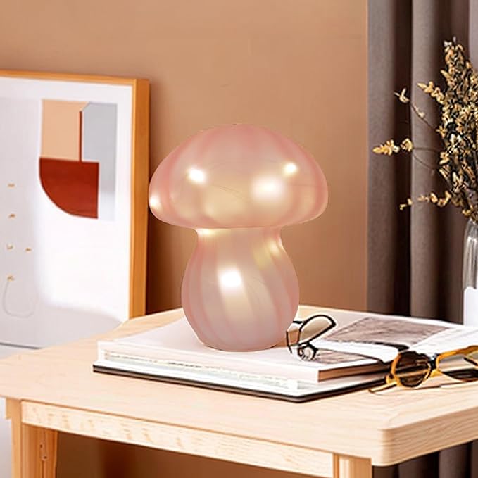 Mushroom Table Lamps Night Lights Cute Glass Nightstand Bedside Desk Lamps for Bedroom Living Study(Bulb Included) - Pink Stripes