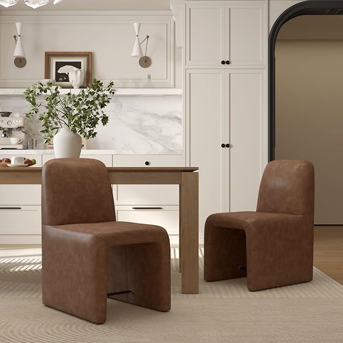 Brown Upholstered Leather Dining Chairs Set of 6, Mid Century Modern Dining Room Chairs with Deep Seat & Curved Back, Armless Side Chair Comfy Kitchen Chairs for Living Room/Kitchen