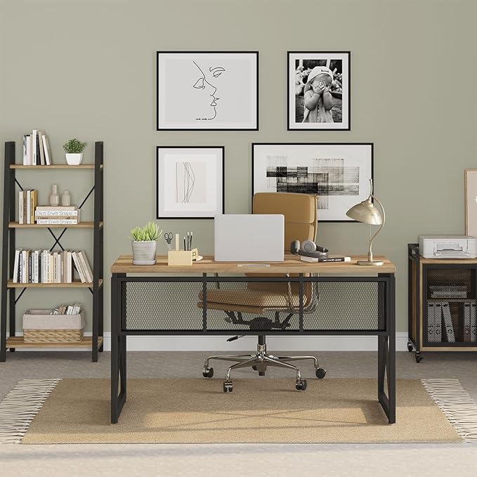 BON AUGURE Farmhouse Computer Desk, Modern Industrial Home Office Desks, Wood Metal Study Writing Table, Sturdy Gaming Desk (Vintage Oak, 54 Inch)