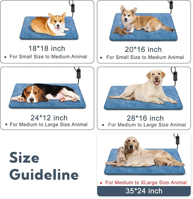 Dog Heating Pad, Pet Heating Pad 35X24, Adjustable Temperature Dog Cat, Waterproof, Timer Control, Chew Resistant Cord