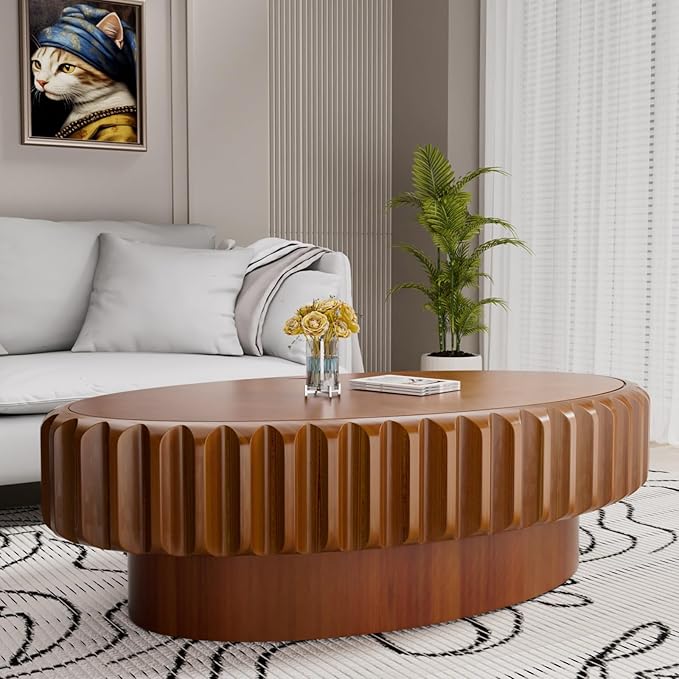 43.3" Oval Drum Coffee Table with Storage Modern Unique Fluted Tea Table Contemporary Wood Oval Coffee Table Centr Table for Living Room Apartment (brown-43.3in)