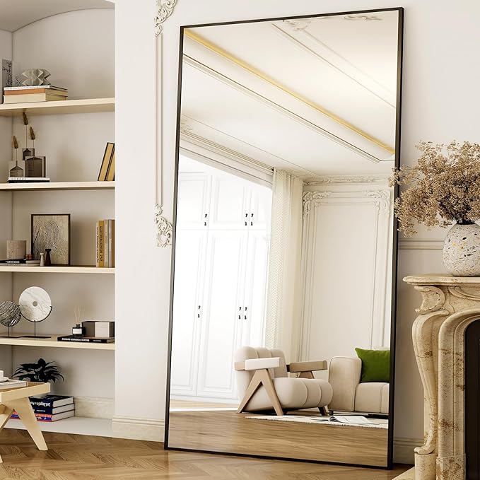 GLSLAND 77" x 38" Rectangular Full Length Mirror - Oversize Floor Mirrors Aluminum Alloy Frame Full Body Dressing Mirror for Bedroom Living Room,Black
