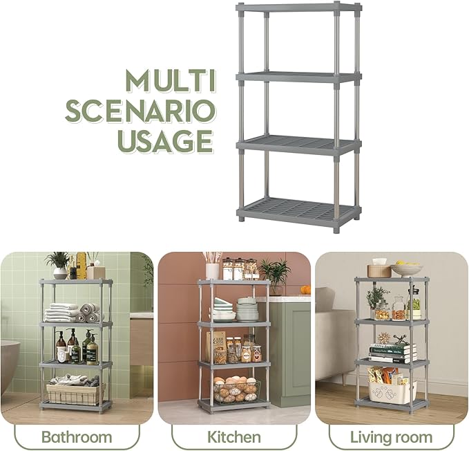 4 Tier Gray Plastic and Metal Standing Shelf Units, Durable Storage Shelves Rack Open Shelving for Pantry Kitchen Bathroom,13MM Steel Tubes