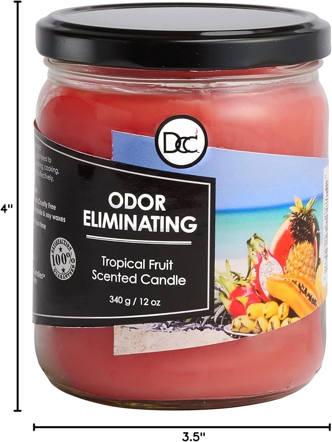 Tropical Fruit Odor Eliminating Highly Fragranced Candle - Eliminates 95% of Pet, Smoke, Food, and Other Smells Quickly - Up to 80 Hour Burn time - 12 Ounce Premium Soy Blend