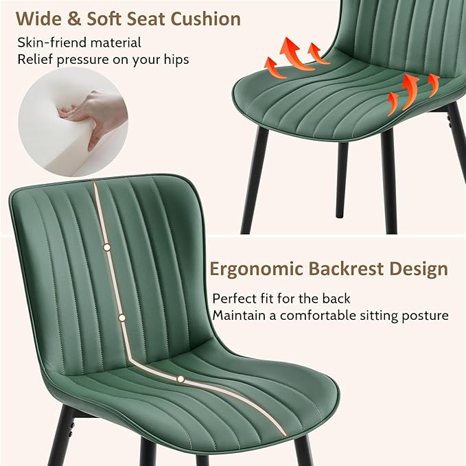 Modern Dining Chairs Set, Heavy Duty Upholstered Side Chairs with Faux Leather, Comfortable Cushions & Durable Metal Legs with Adjustable Feet, Perfect for Kitchen, Dining Room (Green, Set of 2)