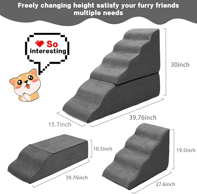 Dog Steps for High Beds 30-32" H - 6-Step Dog Stairs for Small Dogs, 33D Foam Pet Steps for High Bed with Non-Slip Bottom and Washable Cover, Dogs Ramp for Bed Indoor, Dark Grey