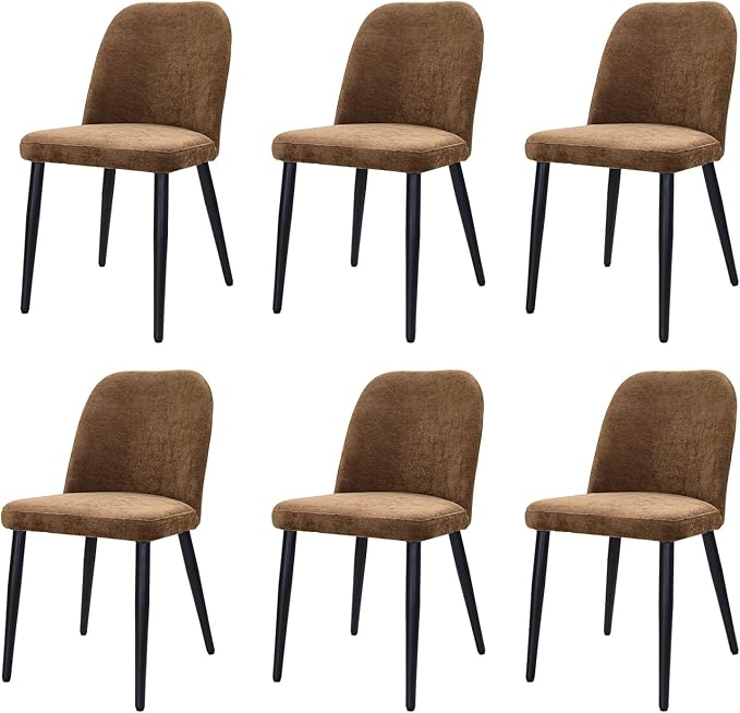 Upholstered Dining Chairs Set of 6, Mid Century Modern Fabric Dining Room Chair High-Back Padded Kitchen Chairs with Padded Seat and Metal Legs for Kitchen Dining Room Restaurant Cafe, Brown
