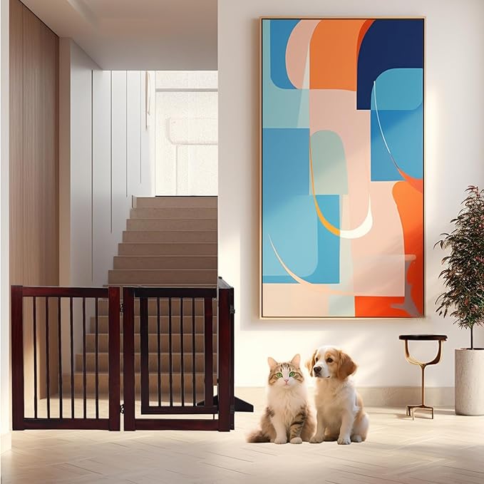 Wooden Free Standing Dog Gate with Door Walk Through, 30 inch 4 Panels Pet Gate for Dogs with 2 Support, Folding Dog Gate Indoor for Stairs, Doorways, Living Room (Brown, 4 Panel - 30")