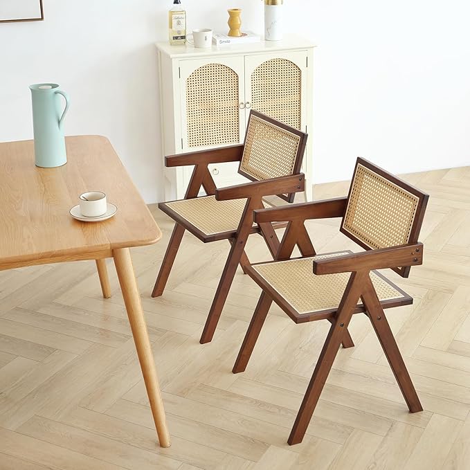 Tiita Rattan Dining Chairs Set of 2, Mid Century Modern Armchairs, Wooden Kitchen Chairs for Dining Room, Living Room, Walnut