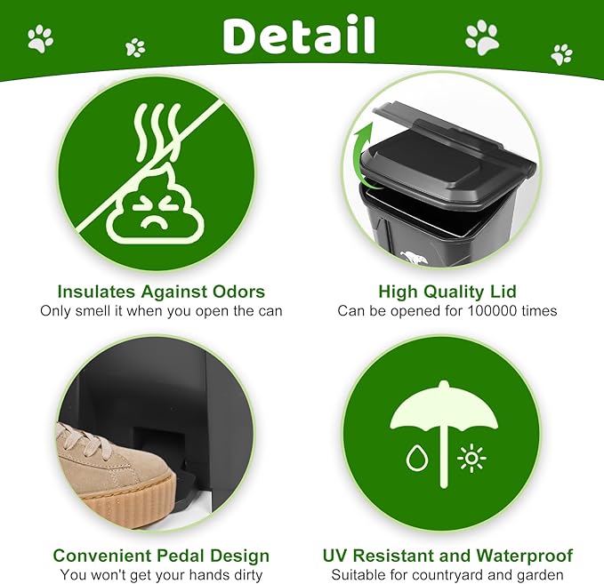 Dog Poop Trash Can Outside with Foldable Pooper Scooper, 20L/5Gallon Dog Waste Trash Can with Lid and 100 Bags, Pedal and Removable Inner Waste Bin, Black