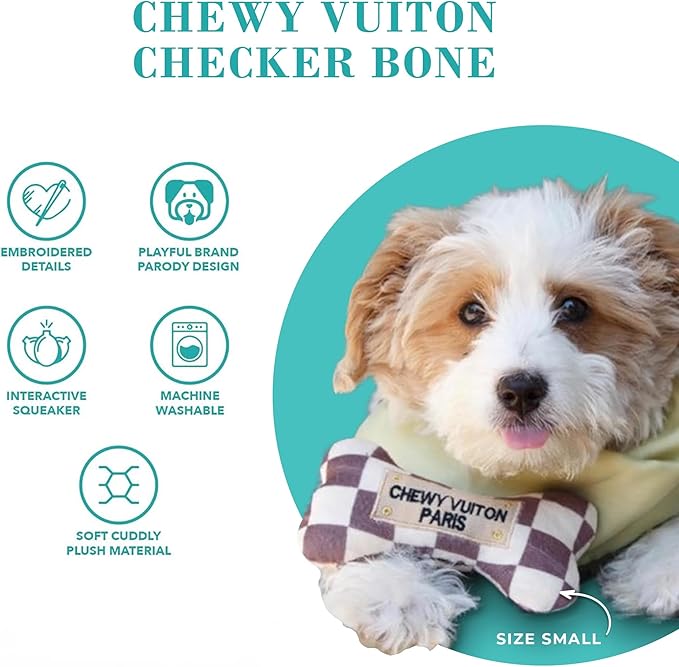 Haute Diggity Dog Checker Chewy Vuiton Bone, Plush Designer Dog Toys with Interactive Squeaker, Stimulating Pet Enrichment, Machine-Washable & Safe Materials for All Breeds, Size Large