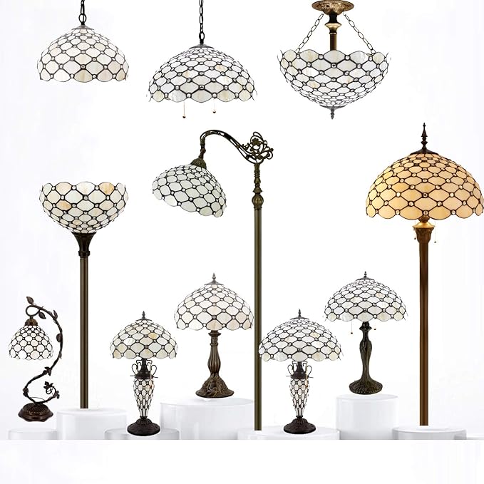 WERFACTORY Tiffany Floor Lamp Cream Amber Stained Glass Bead Standing Reading Light 16X16X64 Inches Antique Pole Corner Lamp Decor Bedroom Living Room Home Office S005 Series