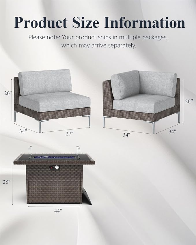 LayinSun 6-Piece Outdoor Modular Wicker Sectional Sofa with Fire Pit Table, Patio Furniture Conversation Set with Deep Seating and Thick Cushions