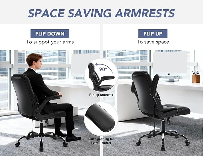 Office Chair with Adjustable Lumbar Support,Leather Ergonomic Computer Desk Chair with Flip-up Arms,Adjustable Tilt Lock,Swivel Rolling Executive PC Chair for Work, Study,Meeting,Small Space.Black