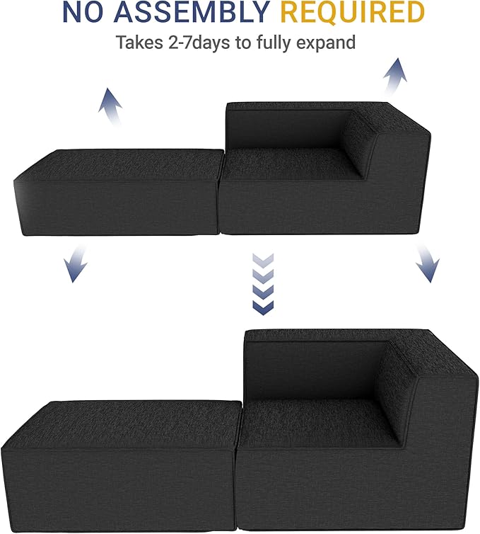 76" Sectional Compressed Sofa Modular Couches,High-Density Foam No Assembly Required, 2-Piece(1x Corner 1x Ottoman) for Living Room, Chenille Dark Gery