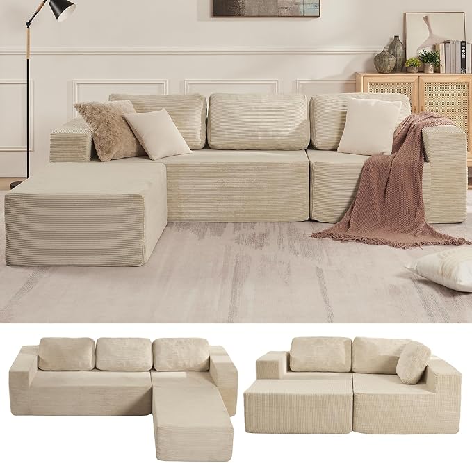 Loveseat Sofa, Cloud Modular Sofa Couch, Upholstered Floor Sofa with Deep Seat, Upholstered Foam Couch for Bedroom Living Room, No Assembly Required (Corduroy Fabric, Beige)