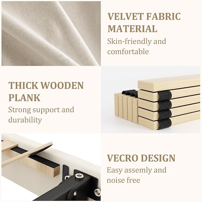 King Bed Frame with Storage Drawers, Upholstered King Size Platform Bed with 47" Tall Headboard and Wingboard, No Box Spring Needed, NO Noise, Easy Assembly, Wooden Support Slats, Beige