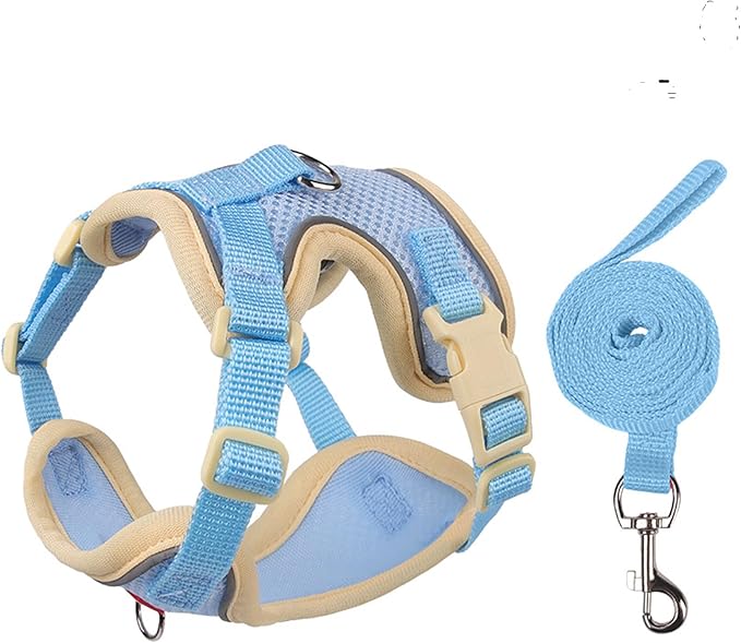 Cat Harness and Leash Set for Walking – Escape-Proof Reflective Vest for Cats and Small Dogs, Adjustable Soft Air Mesh with Pressure-Reducing Design, 4.92ft (Light Brown & Blue, L)