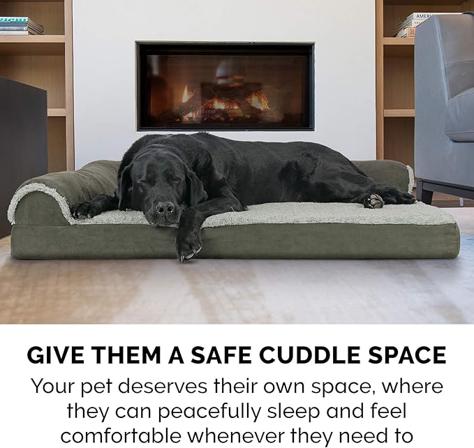 Furhaven Orthopedic Dog Bed for Medium/Small Dogs w/ Removable Bolsters & Washable Cover, For Dogs Up to 35 lbs - Two-Tone Plush Faux Fur & Suede L Shaped Chaise - Dark Sage, Medium