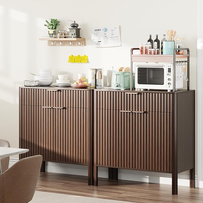 Sideboard Buffet Cabinet with Storage - Modern Fluted Credenza with Doors & Drawer, Accent Cabinet Coffee Table Bar Counter Bookcase for Living Room Kitchen Dining Room Entryway 31" H Walnut