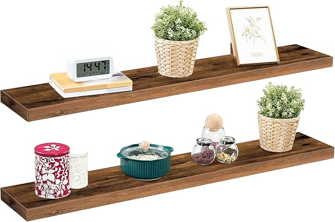 HOOBRO Floating Shelves for Wall, Wall Mounted Shelf Set of 2, 47.2" Hanging Shelf with Invisible Brackets, for Wall in Bathroom, Bedroom, Toilet, Kitchen, Living Room, Rustic Brown BF120BJP201