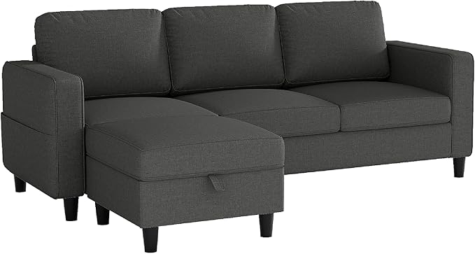 Sectional Sofas Couches for Living Room Convertible 3 Seater L Shaped Couch with Removable Storage Ottoman 78" Dark Grey Modern Linen Sofa for Apartments Studios Dorms Small Spaces