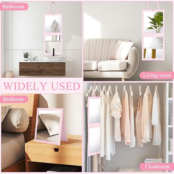 Foldable Travel Portable Full Length Mirror, Dance Bag Hanging Mirror Full Body Mirror for Dance, Camping, Travel, Dance Competition Must Haves Backstage Folding Hanging Mirror (Pink, 24*11 Inch)