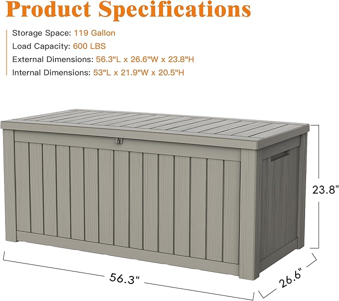 119 Gallon Outdoor Storage Box, Waterproof Deck Box with Handles and Lockable Lid, Resin Patio Storage Box with Hydraulic Rods for Garden Tools, Cushions, Grey