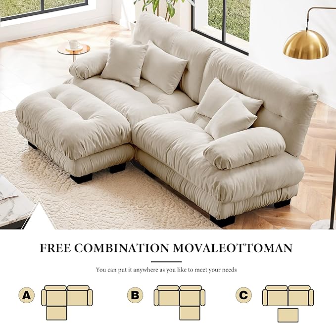 94.4" Loveseat Sofa, 2 Seater Modular Sectional Sofa, Beige Large L Shaped Sectional Fluffy Couch, Chenille Cloud Couch with Ottoman, Deep Seat Sofas for Living Room