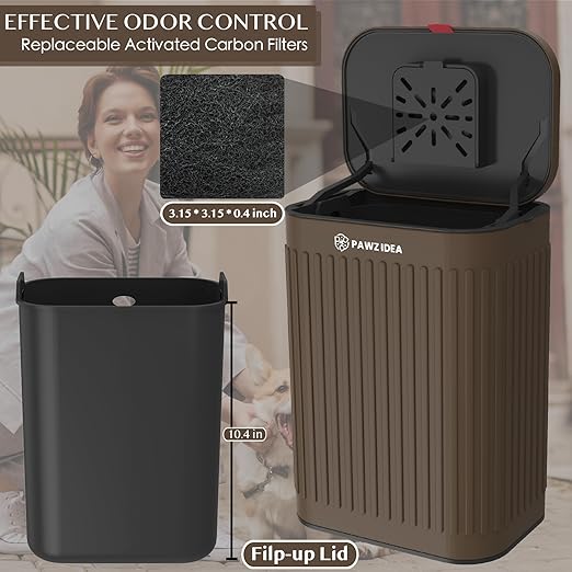 PAWZIDEA Wall Mount Dog Poop Trash Can Outside, 2.1 Gallon Small Dog Waste Bin with Lid, Activated Carbon Odor Control, Waterproof Metal Pet Waste Disposal Container, Fence Hang Poop Proof Garbage Can