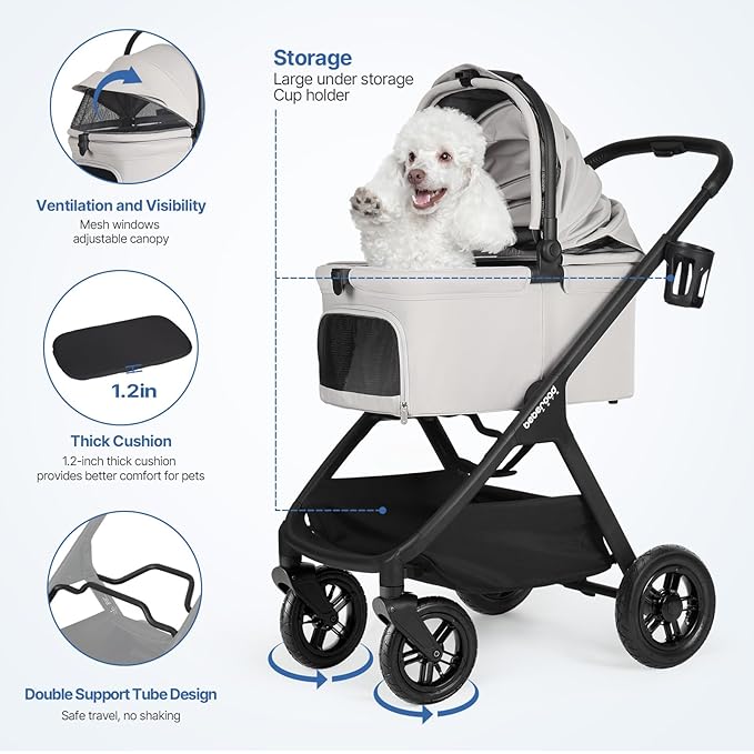 X-5 Luxury Pet Stroller for Medium Dog Under 55lbs or 2 Small Dogs & Cats, One-Touch Folding, Adjustable Handle, Detachable Carrier and Inflatable Wheels (Grey)